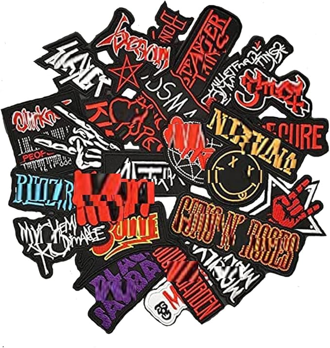 25Pcs/Lot Mixed Patches Lot Band Rock Punk Music Embroidery Patches Iron On for Jacket Jeans Backpacks Hat Assorted Badges Clothes DIY Applique Stripes. (H3)