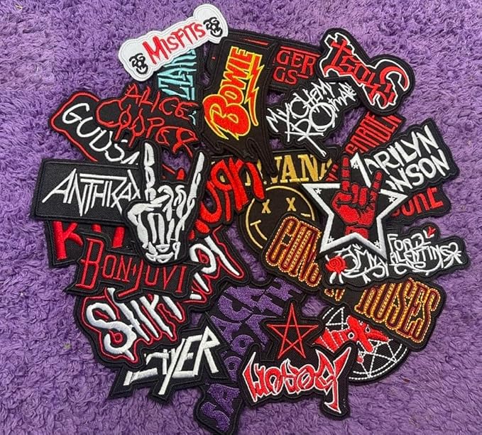 25Pcs/Lot Mixed Patches Lot Band Rock Punk Music Embroidery Patches Iron On for Jacket Jeans Backpacks Hat Assorted Badges Clothes DIY Applique Stripes. (H3)