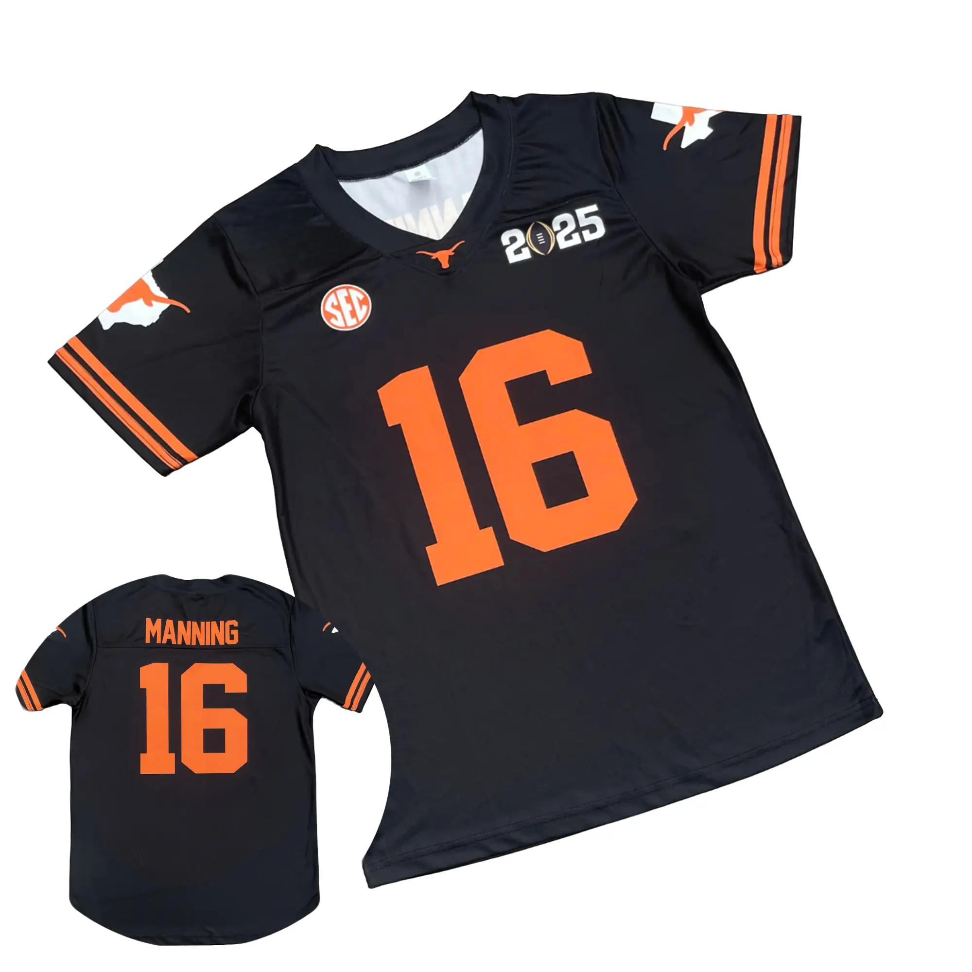 Black Texas Longhorns #16 Manning Jersey 2025 CFP, Arch Manning College Football Shirt, UT SEC Game Day Fan Gear, NCAA Gameday Tee
