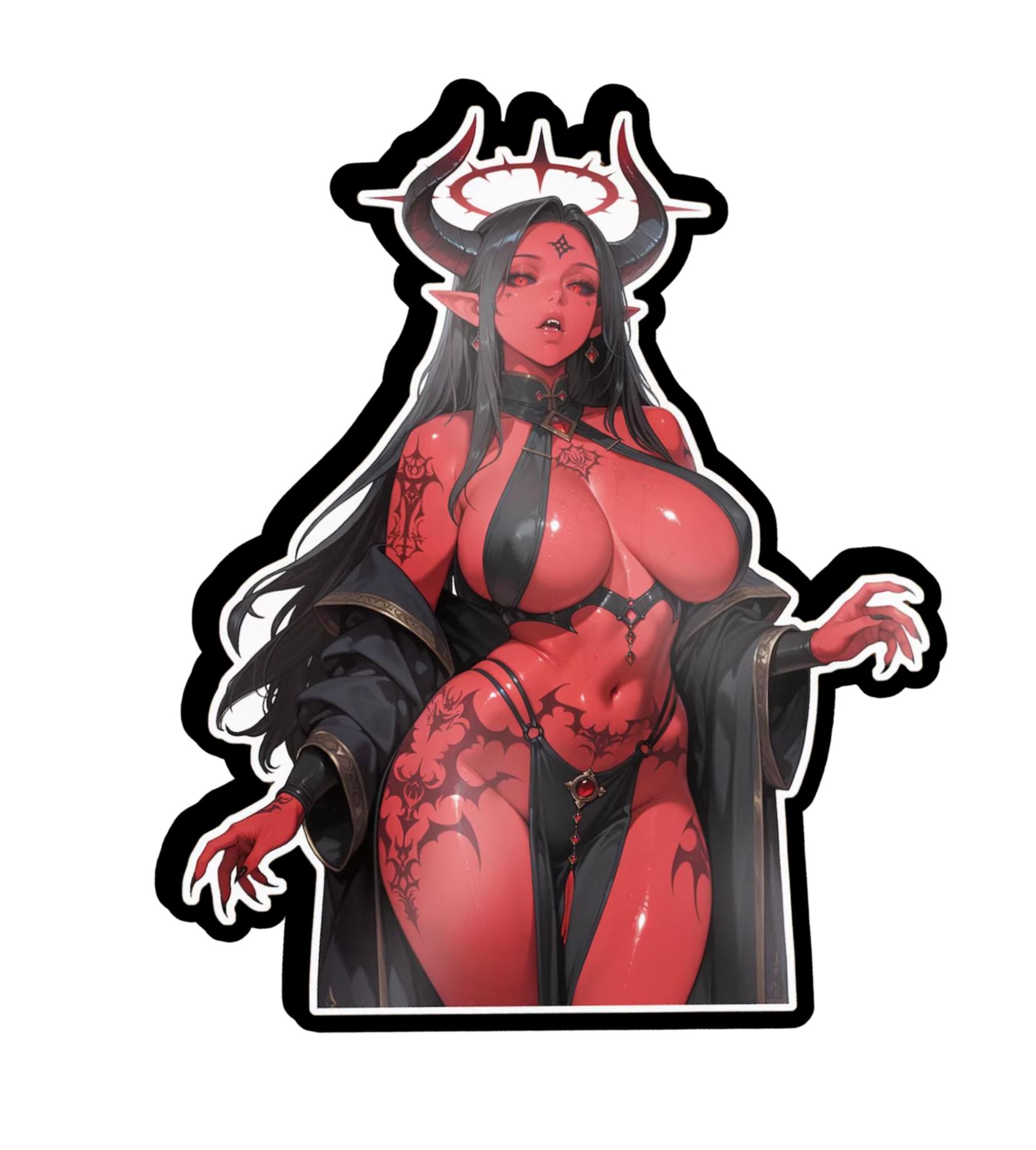 Red Fantasy Demon Girl Sticker Collectible Gift for Fantasy Fans. #demongirl #fantasyart #animegirl #stickerart #collectible #smallbusiness