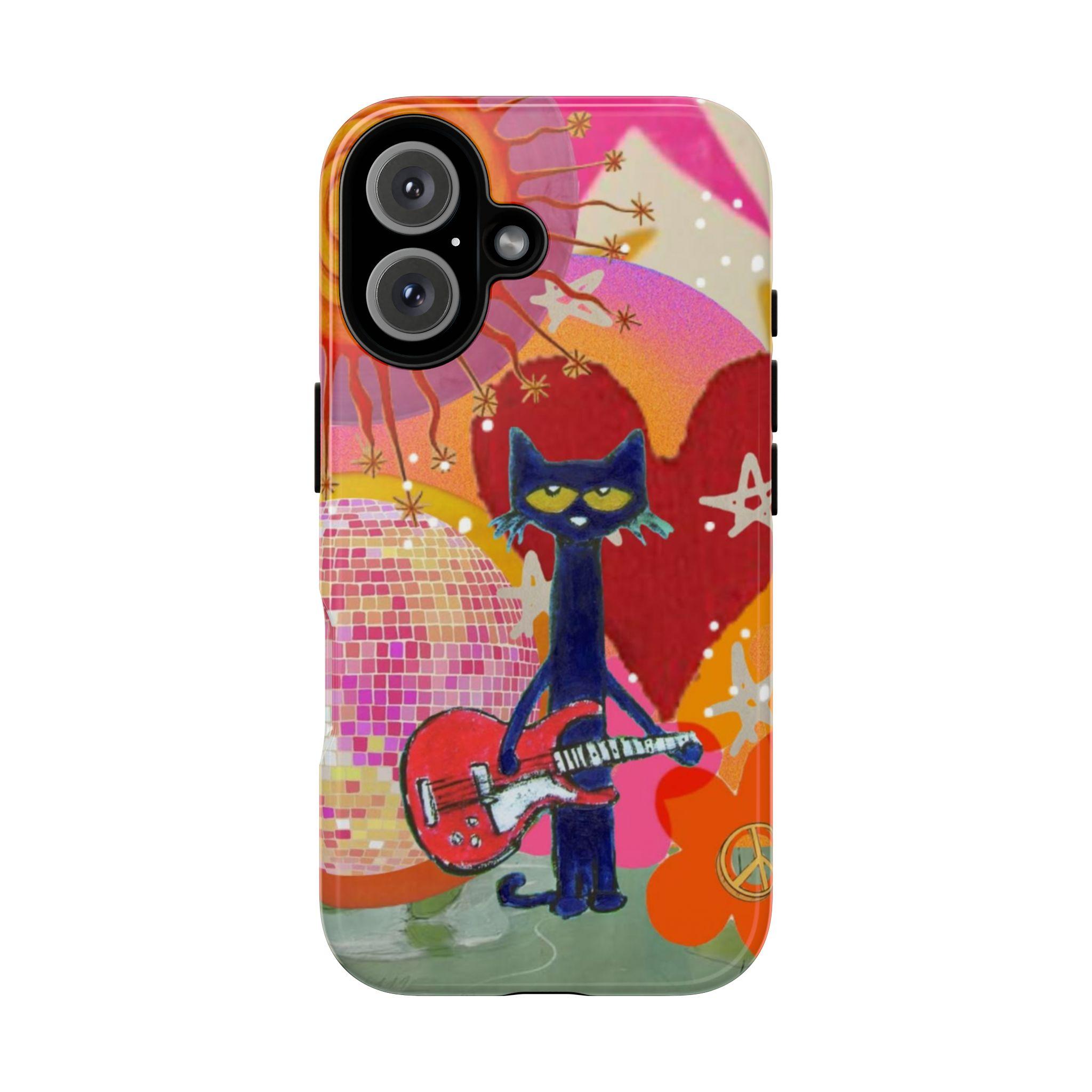 Groovy Guitar Cat Phone Case – Red Retro Art Design Phone Case for iPhone 17 | 16 | 15 | 14 | 13 | 12 | 11 | XS | XR