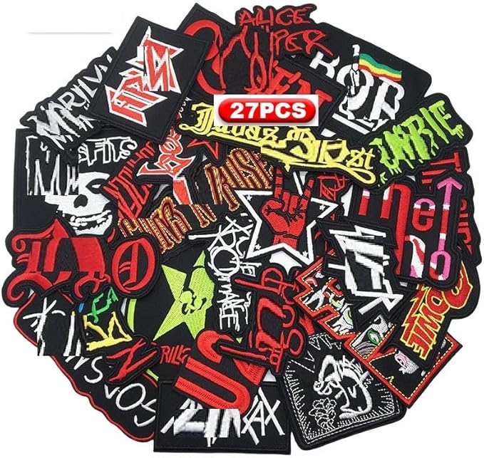 27Pcs/Lot Mixed Patches Lot Band Rock Punk Music Embroidery Patches Iron On for Jacket Jeans Backpacks Hat Assorted Badges Clothes DIY Applique Stripes. (B)