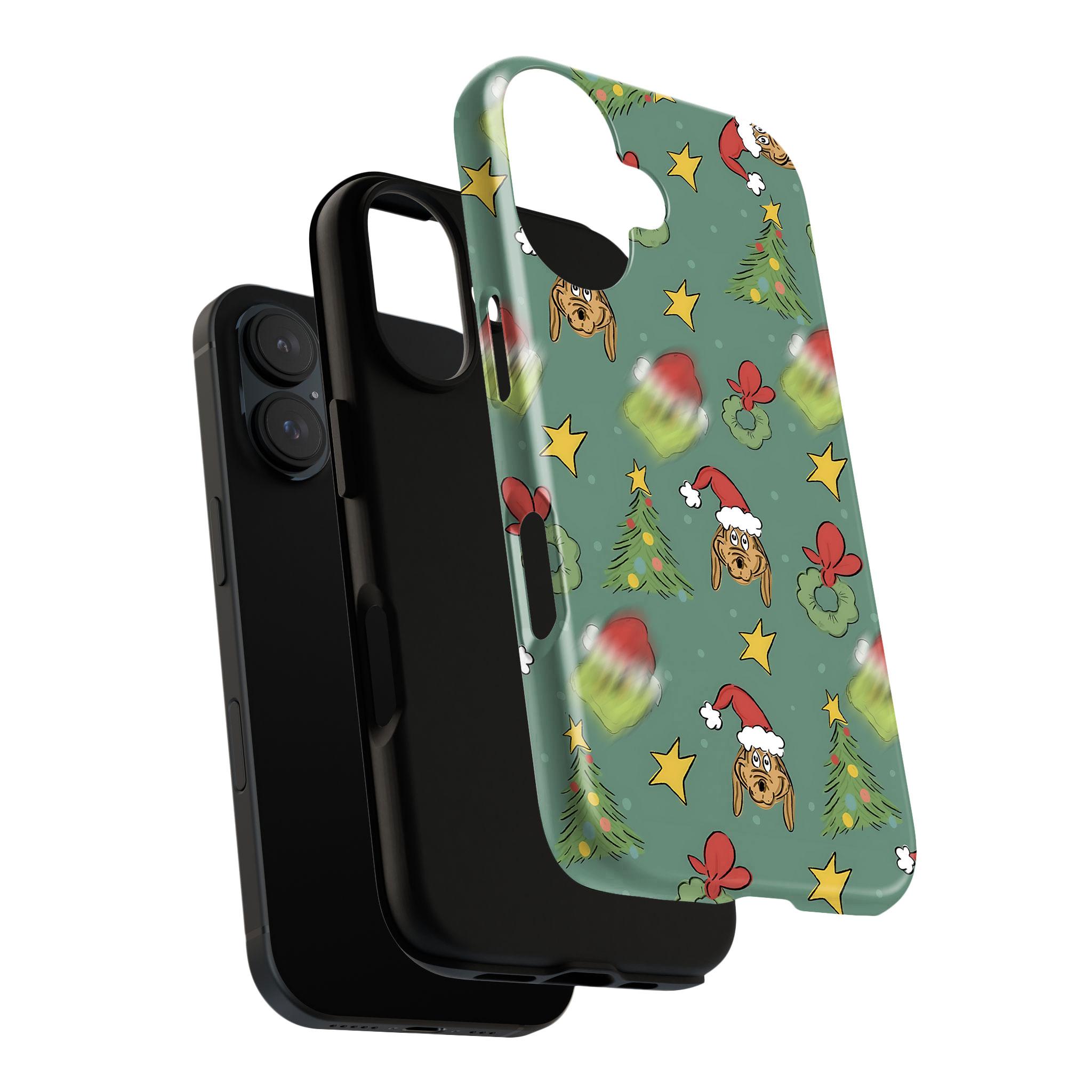 Merry Gr.inchmas Phone Case – Cute Christmas Cartoon Phone Case for iPhone 17 16 15 14 13 12 11 Pro Max X XR XS & Galaxy S25 S24 S23 S22 S21 | Pink & Green Festive Holiday Pattern with Gr!nch & Dog Design, Aesthetic Holiday Xmas Gift for Couple Men Women