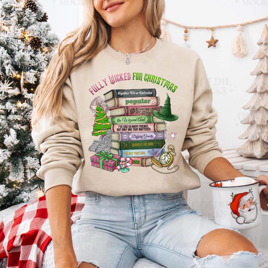 Fully Wicked For Christmas Shirt, Cute Book Lover Holiday Crewneck, Festive Reading Themed Pullover, Wicked Book Stack, Wicked Movie Shirt