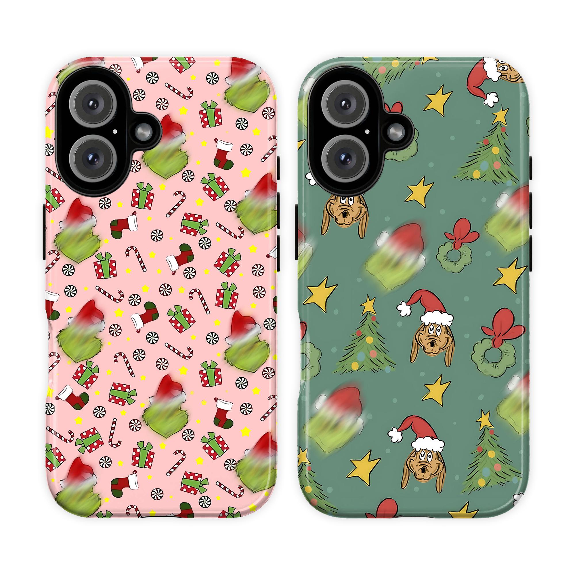 Merry Gr.inchmas Phone Case – Cute Christmas Cartoon Phone Case for iPhone 17 16 15 14 13 12 11 Pro Max X XR XS & Galaxy S25 S24 S23 S22 S21 | Pink & Green Festive Holiday Pattern with Gr!nch & Dog Design, Aesthetic Holiday Xmas Gift for Couple Men Women