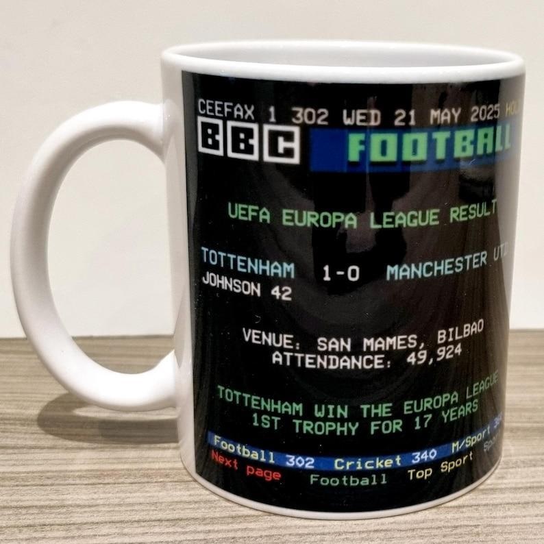 Tottenham Hotspur v Manchester United 1-0 UEFA Europa League Champions Retro Personalised Ceefax Mug Coffee / Tea Mug