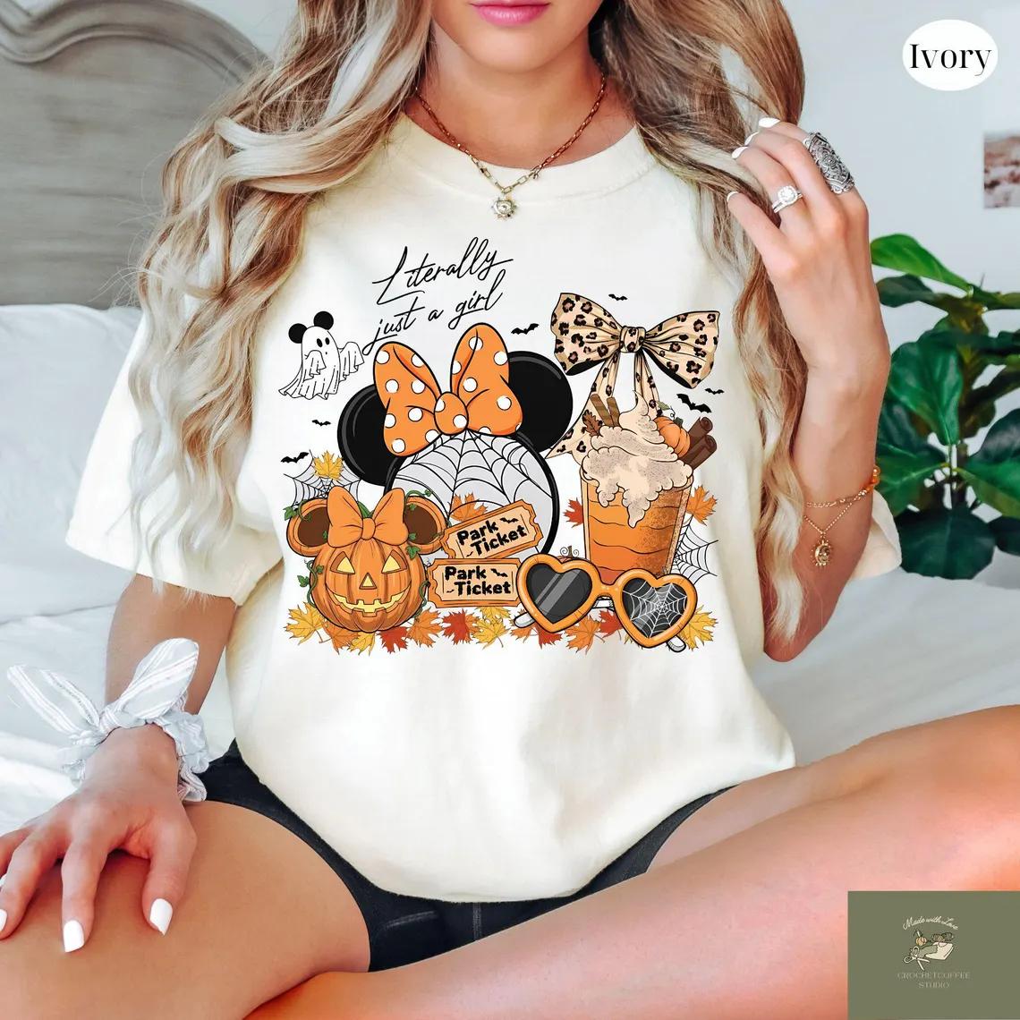 Literally Just A Girl Halloween Shirt, Minnie Bow Coffee Tee, Pumpkin Fall Tee, Halloween Tee, Girls Trip Tee