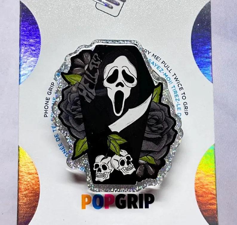 POPGRIP Call Me Ghost Face Phone Grip – Spooky Halloween Design Magnetic Kindle Holder for Reading & Video Watching – Acrylic Resin Material