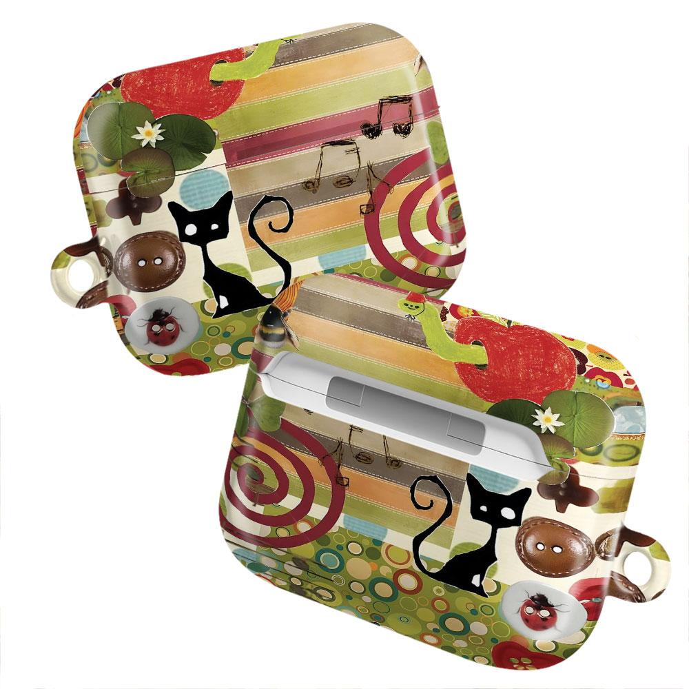 Whimsical Cat & Caterpillar AirPods Case, Cute Pastel Plaid Stripe Cover, AirPods Pro/Pro 2, AirPods 1/2/3/4 Case, Kawaii Gift Idea