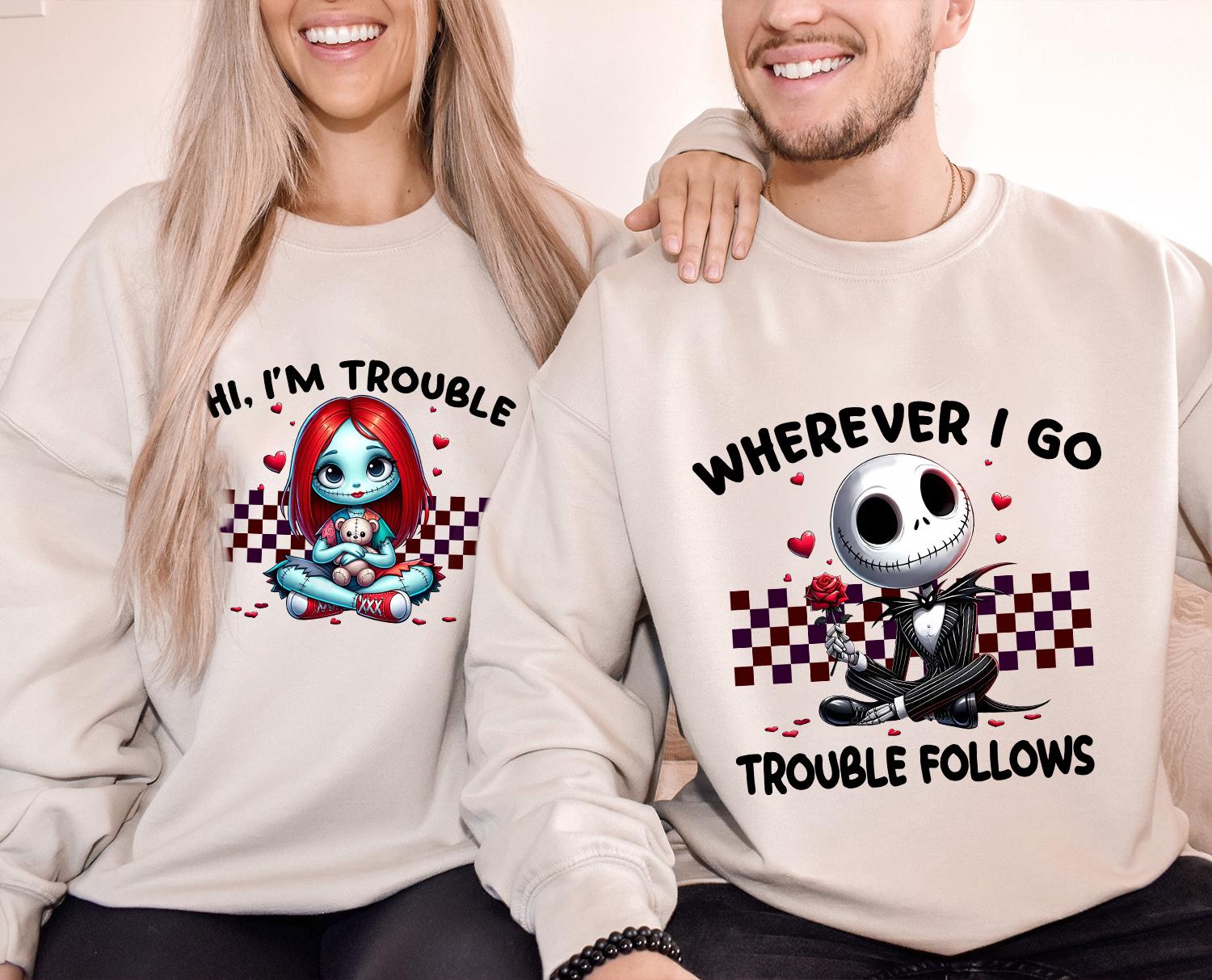 Skeleton Valentine Couple Shirt, Valentine’s Day Matching Shirt, Funny Trouble Couple Shirt, Horror Movie Character
