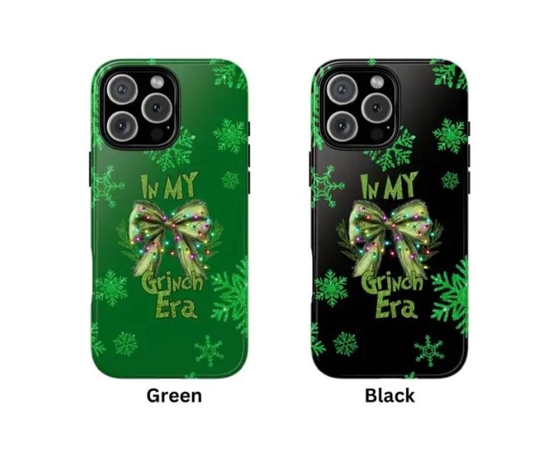 In My Grinch Era Christmas Phone Case | Viral Meme Bow Snowflake Aesthetic iPhone Cover | Trendy Green Black Holiday Mood Design for iPhone 7 8 X 11 12 13 14 15 16 17 and Samsung S21 S22 S23 S24