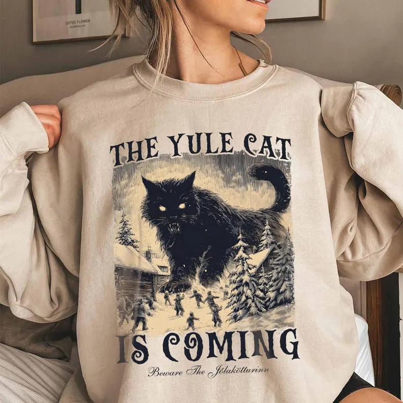 The Yule Cat Is Coming Sweatshirt, Celand Folklore, Gothic Christmas, Pagan Gift, Folklore Yule Cat Shirt, Winter Solstice Gifts