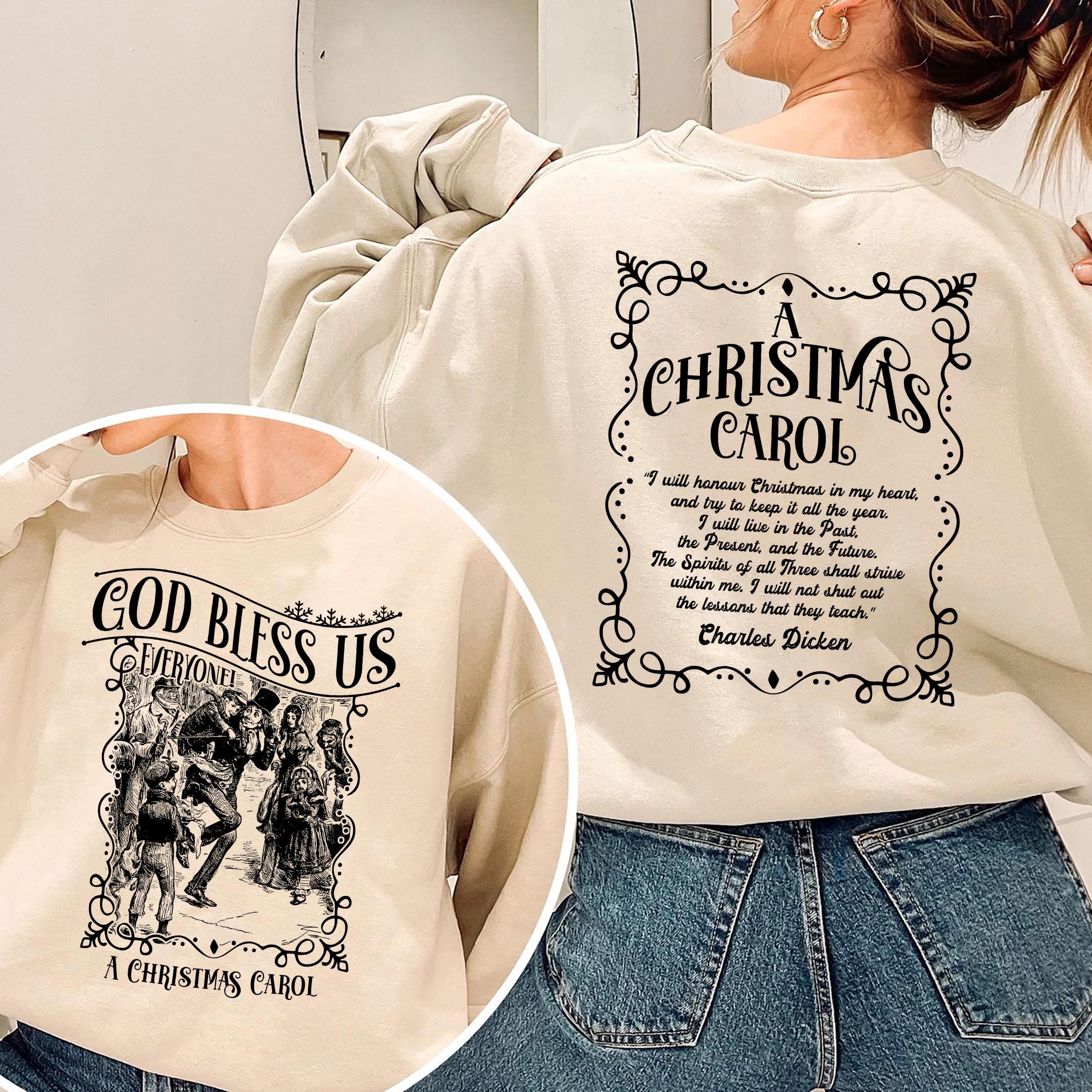 God Bless Us Everyone Reading Shirt, 2 Side A Christmas Carol Sweatshirt, Charles Dickens Bookish Shirts, Light Academia Literary Shirt