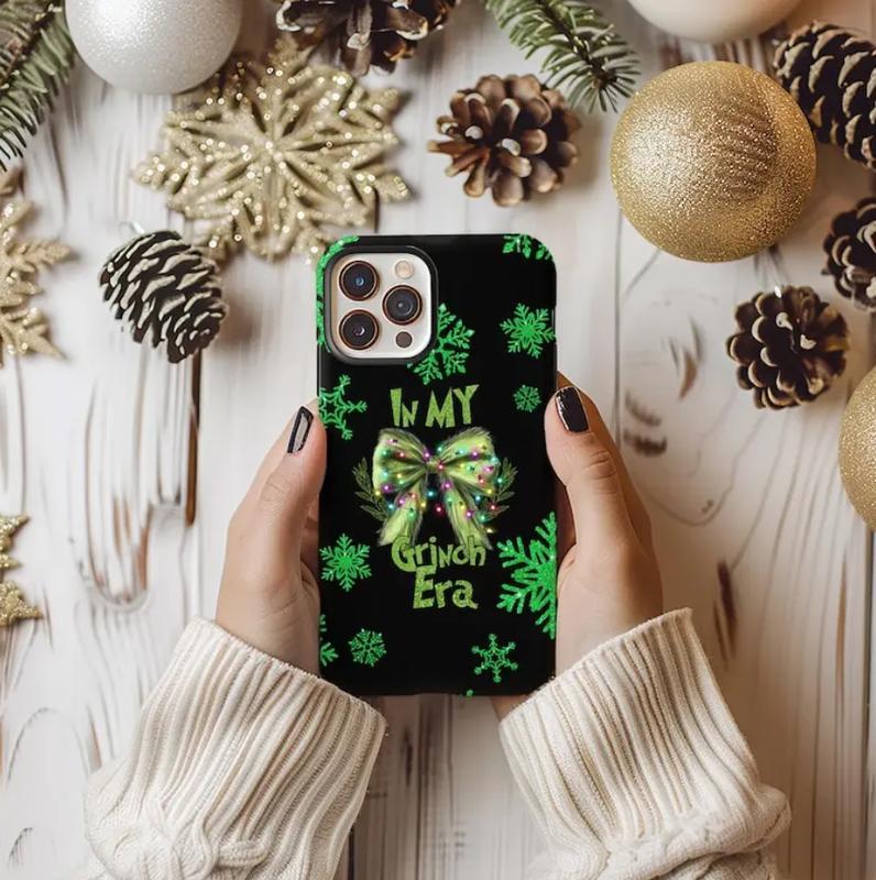 In My Grinch Era Christmas Phone Case | Viral Meme Bow Snowflake Aesthetic iPhone Cover | Trendy Green Black Holiday Mood Design for iPhone 7 8 X 11 12 13 14 15 16 17 and Samsung S21 S22 S23 S24