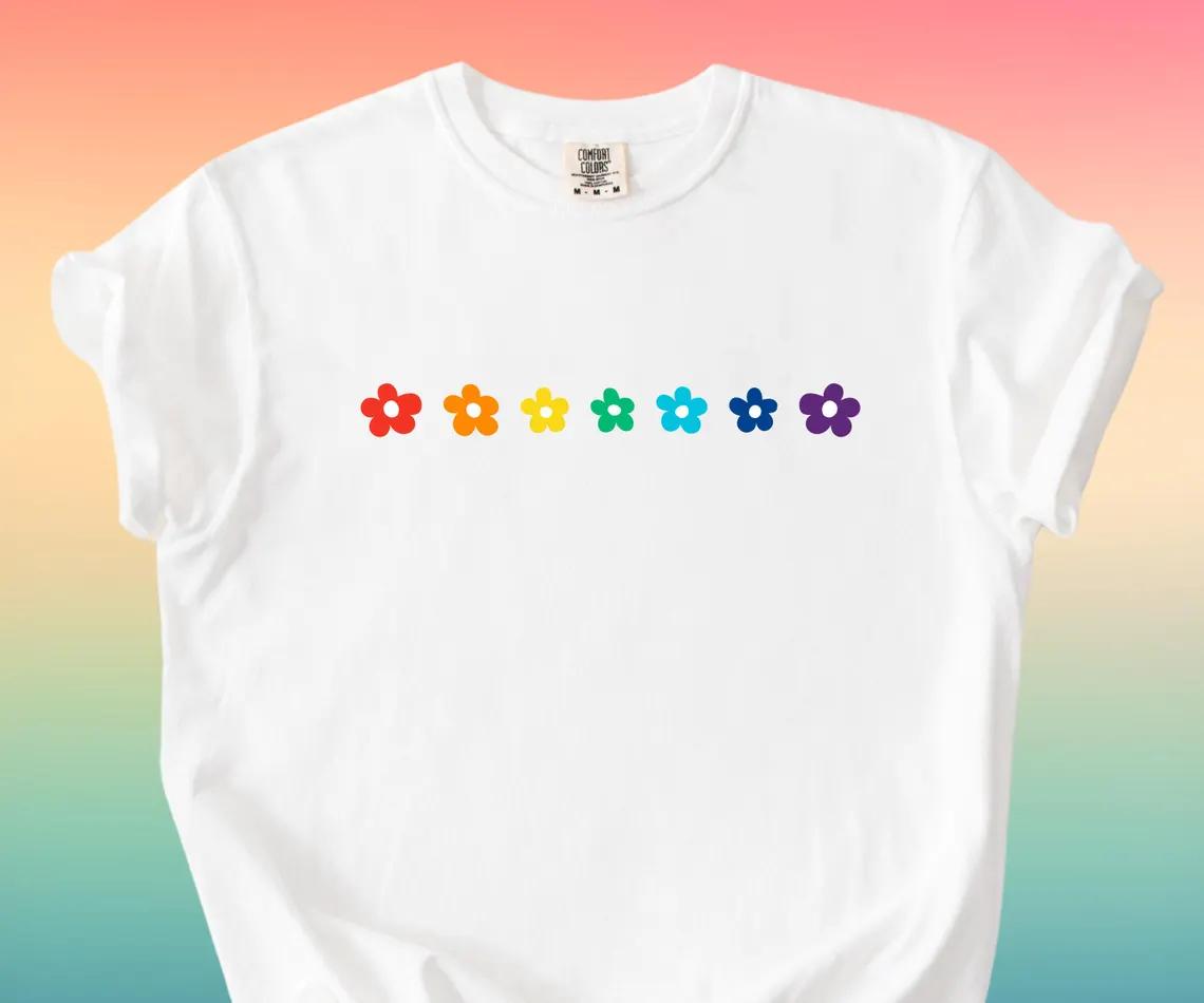 Rainbow Daisies Shirt, Cute Gay Pride Flower Tee, LGBTQ+ Floral Botanical T-Shirt, Pastel Aesthetic Queer Shirt
