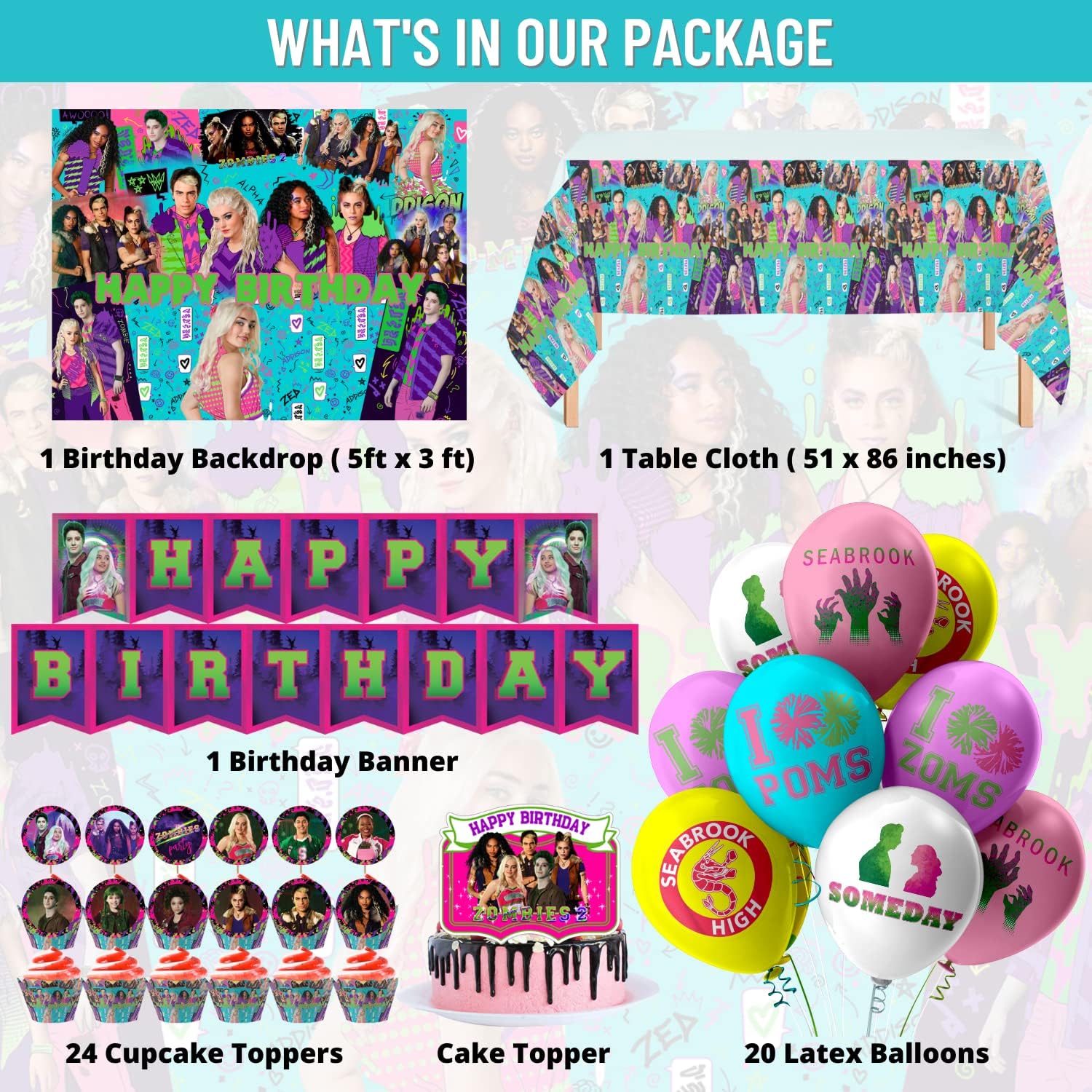 Nelton Birthday Party Supplies For Zombies Includes Backdrop – Banner – Cake Topper – 24 Cupcake Toppers – 20 Balloons – Table Cloth