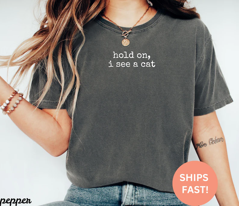 Comfort Colors Hold On I See A Cat Shirt, Funny Cat Lover Tee, Trendy Pet Parent Top, Cute Cat Mom Gift