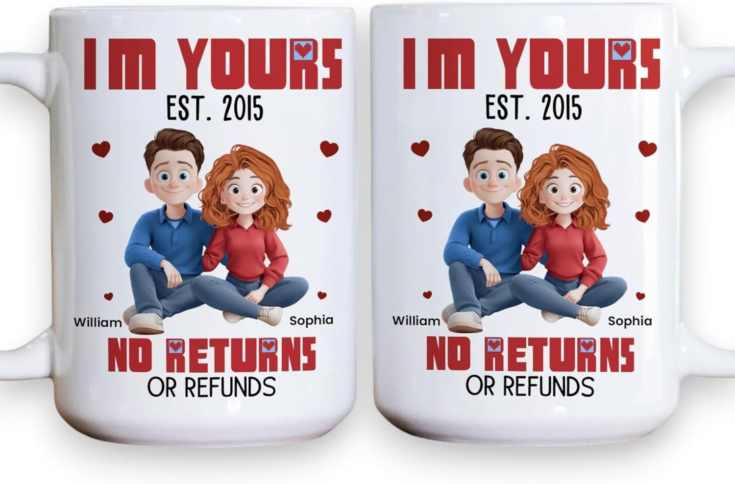 I’m Yours No Returns or Refunds Personalized Mug – Custom Cartoon Couple Coffee Cup, Funny Valentine’s Day Gift for Wife, Husband, Boyfriend, Girlfriend, Her, Him