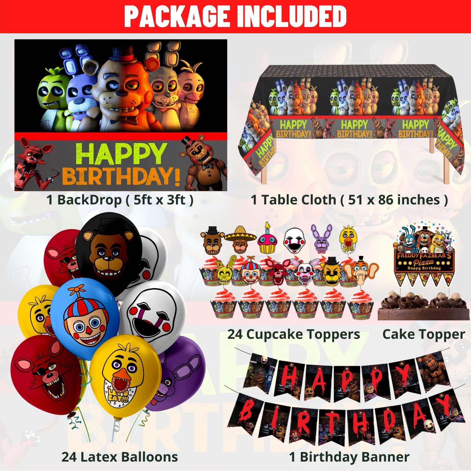 Nelton Birthday Party Supplies For FNAF Includes Banner – Backdrop – Cake Topper – 24 Cupcake Toppers – 24 Balloons – Table Cloth