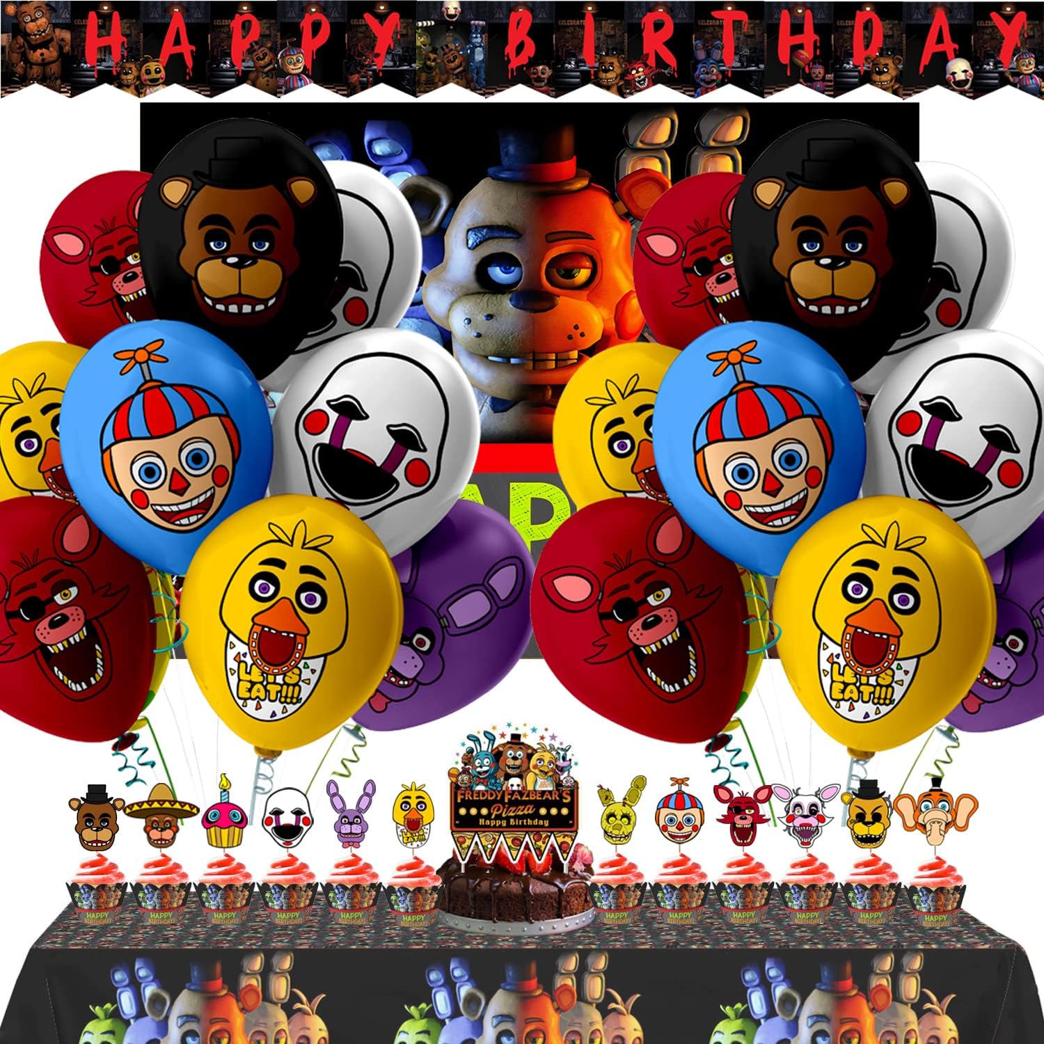 Nelton Birthday Party Supplies For FNAF Includes Banner – Backdrop – Cake Topper – 24 Cupcake Toppers – 24 Balloons – Table Cloth