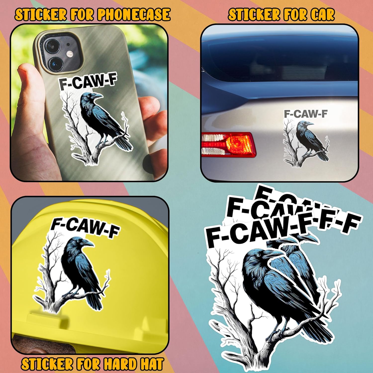 F-CAW-F Funny Crow Pun Dark Humor Meme Artist Decal Sticker for Car Body, Phones, Laptop, Windows, Water Bottles, Tumbler, Mug, Helmets