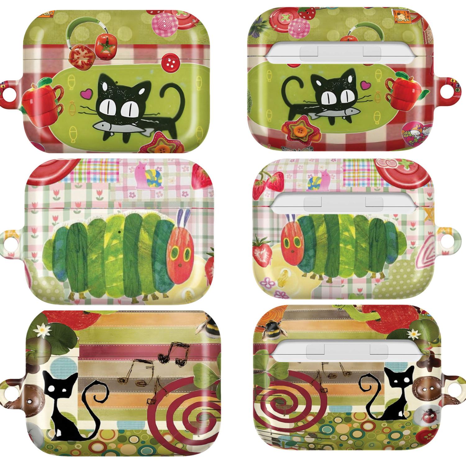 Whimsical Cat & Caterpillar AirPods Case, Cute Pastel Plaid Stripe Cover, AirPods Pro/Pro 2, AirPods 1/2/3/4 Case, Kawaii Gift Idea