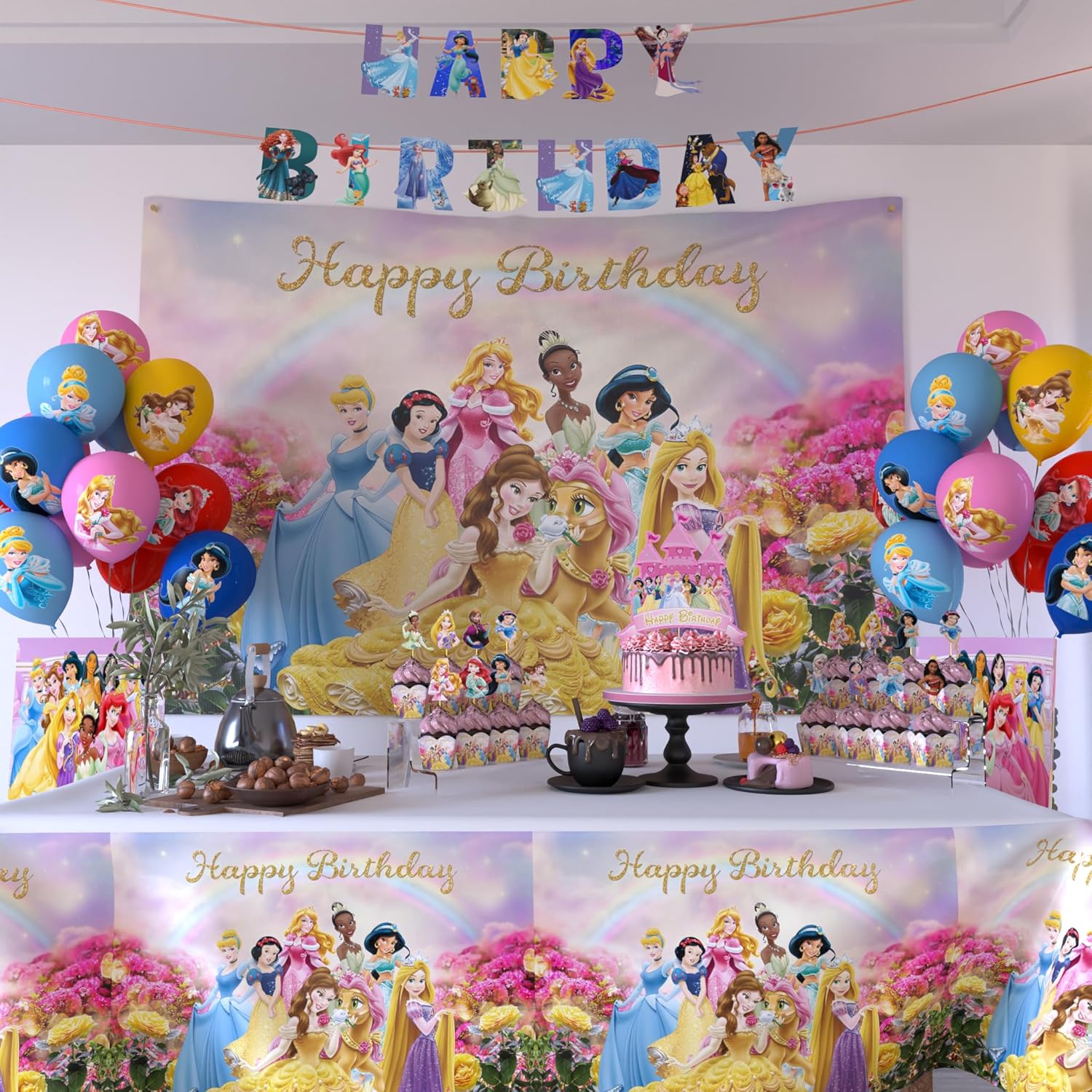 Nelton Party Supplies For Princess Includes Cake Topper, 24 Cupcake Toppers, 20 Latex Balloons, Happy Birthday Backdrop, 1 Table Cloth , 1 Banner