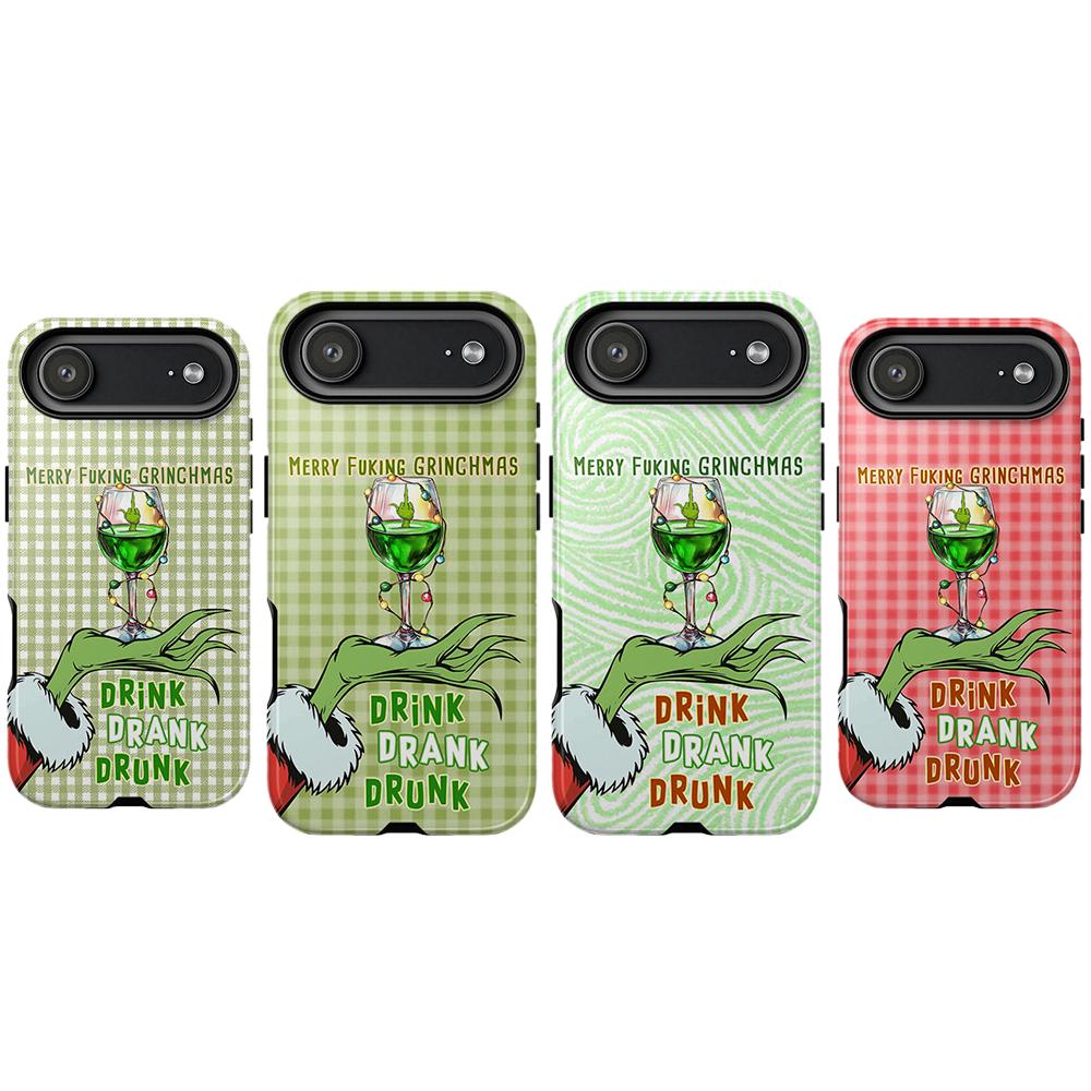 Funny Christmas Phone Case, “Drink Drank Drunk” Holiday Wine Design, Green Plaid Retro Aesthetic Cover for iPhone 7–17, Samsung S21–S25 & AirPods, Trendy Xmas Gift for Him & Her