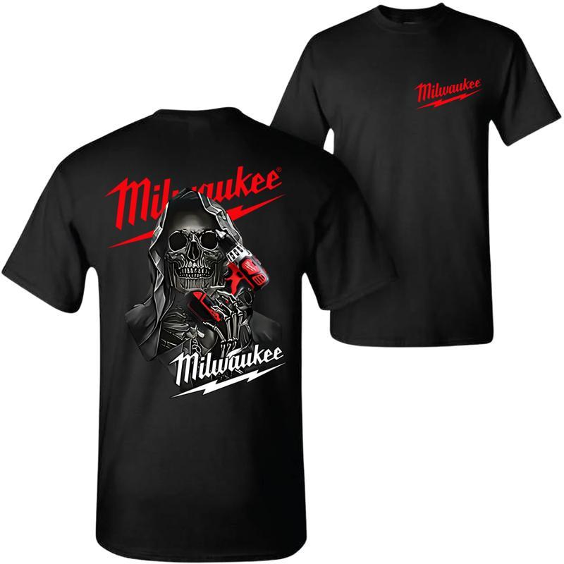 Milwaukee Tools Skull 2 Sides T-Shirt, Grim Reaper Power Drill Graphic Tee, Soft Cotton Blend T-Shirt, Official Blue Collar Apparel for Men, Gift for Tool Fans and Workers