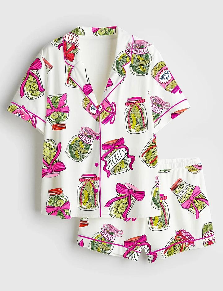 Pickle Lover Pink Bows Pajama Set, Satin Printed Pajama Set, Silky Unisex Sleepwear with Fun Prints, Short & Long Options