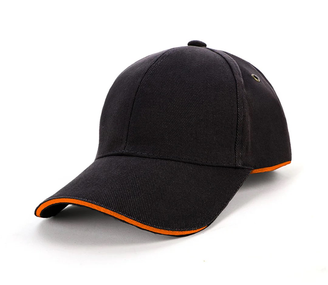Classic Black Cotton Baseball Cap with Orange Trim