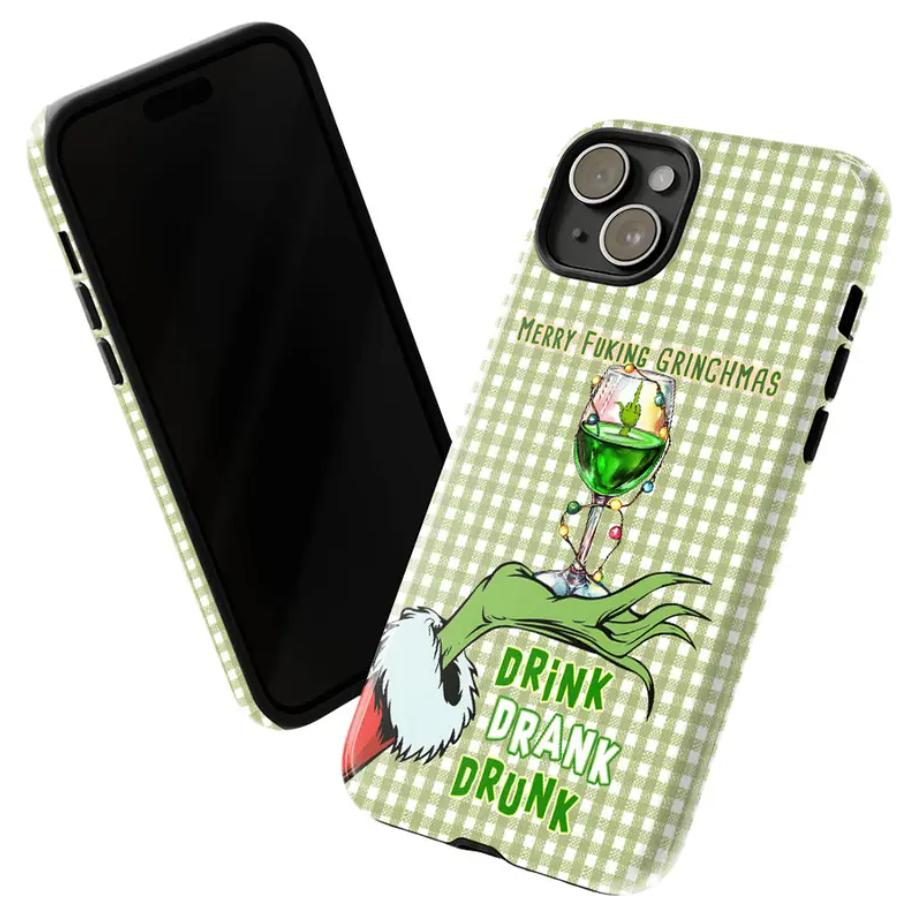 Trendy Grinchmas Drink Drank Drunk Phone Cover Plaid Gingham Funny Xmas Party Case | Cover For iPhone 17 Pro Max 16 Plus 15 14 13 12 11 Air | Edgy Seasonal Gift for Friends