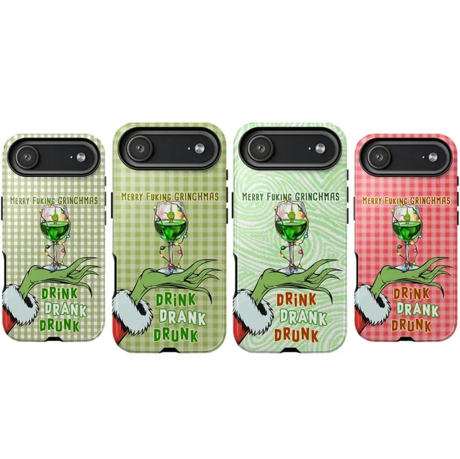 Trendy Grinchmas Drink Drank Drunk Phone Cover Plaid Gingham Funny Xmas Party Case | Cover For iPhone 17 Pro Max 16 Plus 15 14 13 12 11 Air | Edgy Seasonal Gift for Friends
