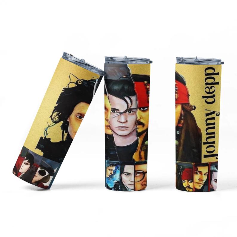 Johnny Depp Movie Collage Tumbler 20oz – Iconic Film Characters Stainless Cup, Vintage Movie Fan Gift, Artistic Actor Tribute Drinkware