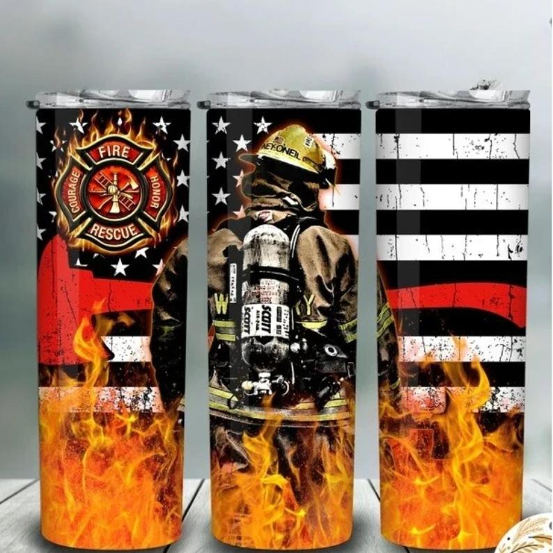 Firefighter Tumbler 20oz – Thin Red Line Fire Rescue Cup with Flames, Fireman Back Print Stainless Steel Travel Mug, Courage Honor Duty Gift for Men, First Responder Drinkware
