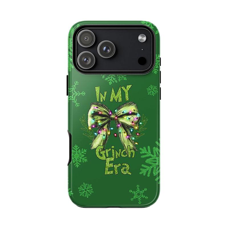 Green Christmas Bow iPhone Case – Festive Holiday Phone Cover with Lights, Snowflakes & Cute Ribbon Bow, Fun Green Aesthetic Winter Design, Cozy Christmas Gift Idea for Her, Trendy Holiday Protective iPhone Case