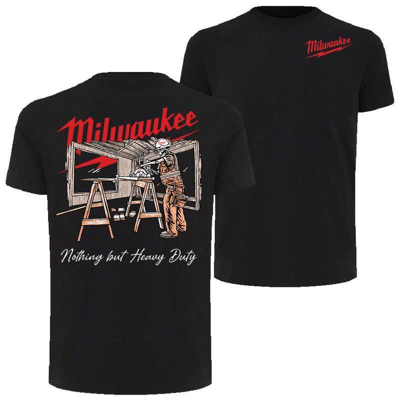 Milwaukee Tools Workout 2 Sides T-Shirt, Power Drill Graphic Tee, Blue Collar Apparel for Men, Gift for Tool Fans and Workers