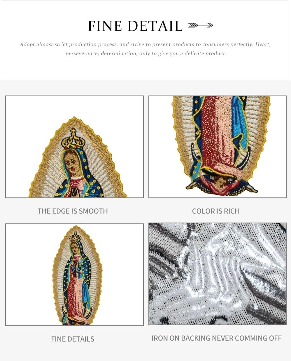 Virgin Mary Embroided Paches, Virgen De Guadalupe Patch, Our Lady of Guadalupe Iron On for Baptismal Garment, Shirts, Bags Harajuku Icon Embriodery Applique Patches. (D)