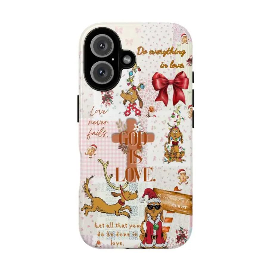Max the Christmas Pup Phone Case – Festive Holiday Dog &”God is Love” Bible Verse Design | Cute Grinch-Inspired Art | Cover for IPhone 17 16 15 14 13 12 SE Max Pro Samsung galaxy Ultra 21 22 23 24 25