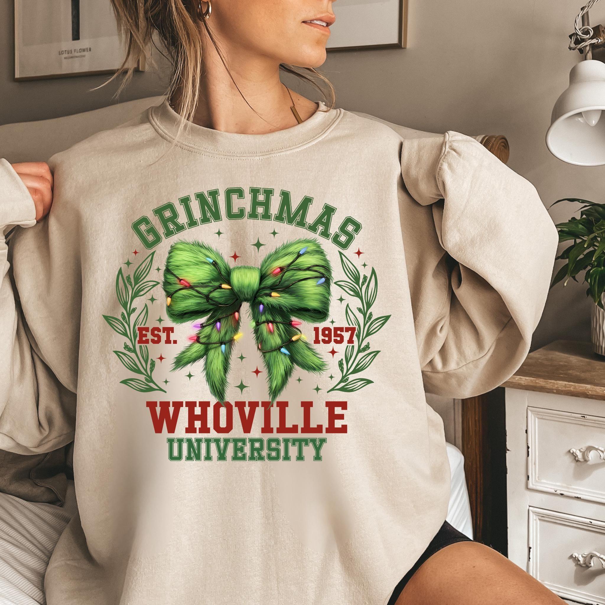 Grinchmas Whoville University Shirt, Coquette Christmas Bow Sweatshirt, Cute Festive Mom Gift, Retro Green Holiday Sweater, 100% Cotton, Made in USA