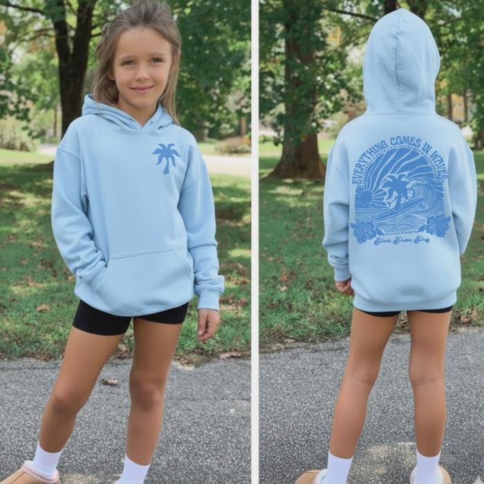 Youth Blue Palm Puff Hoodie, Everything Comes in Waves Oversized Sweatshirt, Unisex Loose Fit, Gift For Fans, Gift for Kids