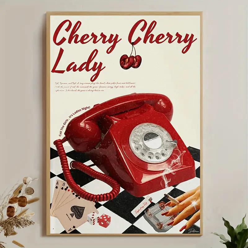 Cherry Lady Vintage Poster, Red Telephone Print, Vintage Wall Art, Classic Decoration