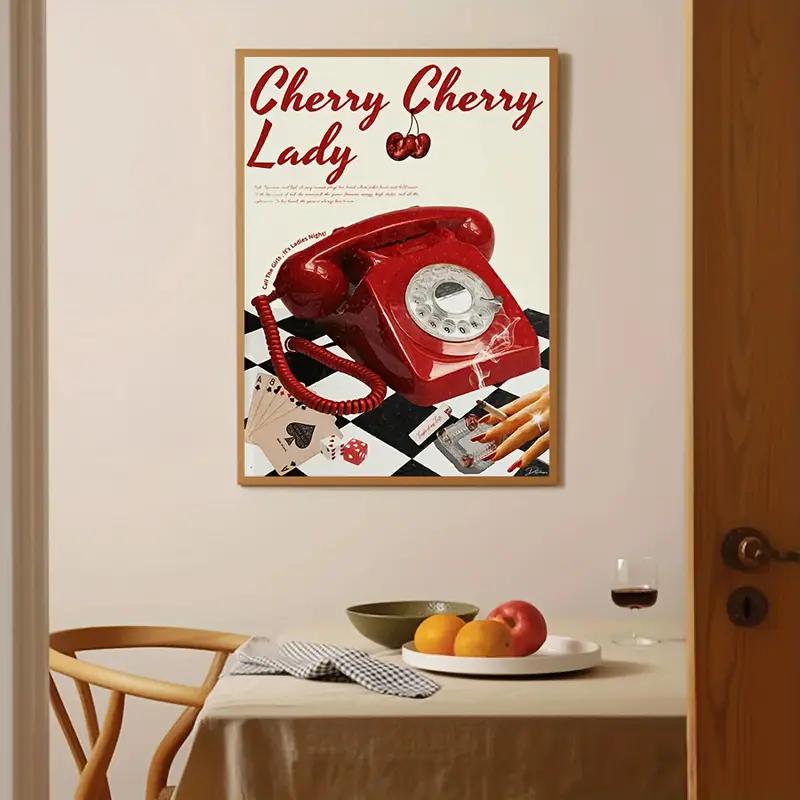 Cherry Lady Vintage Poster, Red Telephone Print, Vintage Wall Art, Classic Decoration