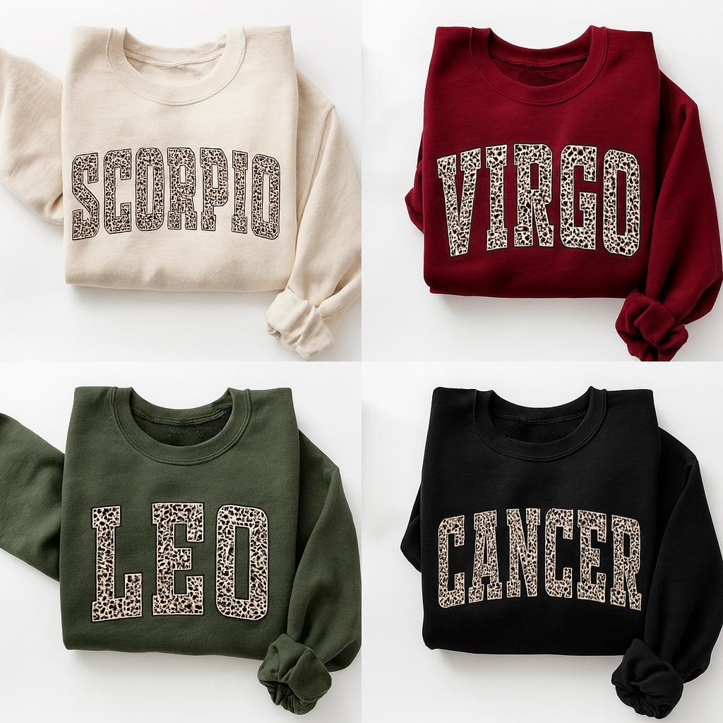 All 12 Zodiac Slay Girl Sweatshirt – Glitter Astrology Hat Graphic for Adults, Full Horoscope Star Sign Collection with Bold Zodiac Letter Design, Unisex Astrology Gift for Men & Women.