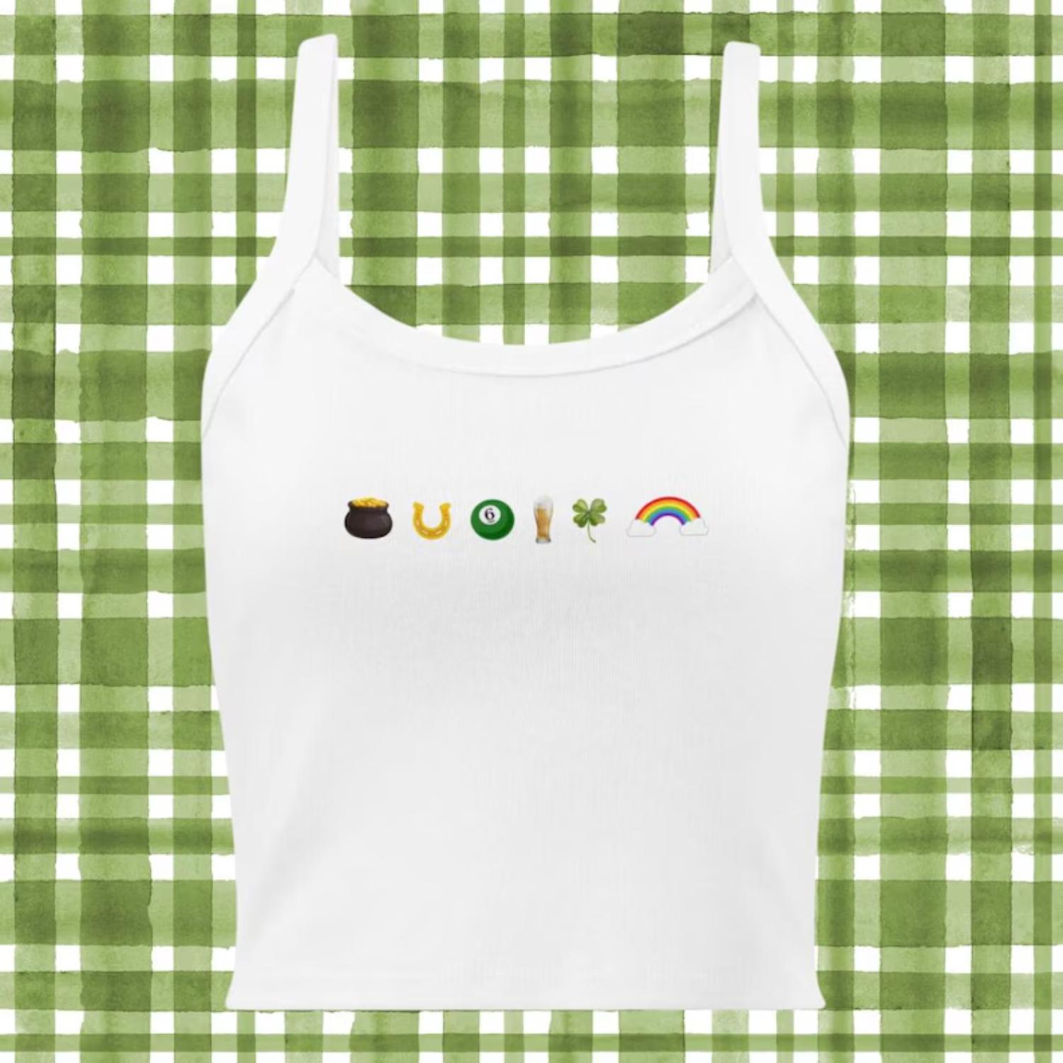 Lucky Girl Micro Rib Spaghetti Strap Tank Top for Women, St Patrick’s Day Minimal Icon Graphic Crop Tank + Trendy Irish Luck Style for Daily Wear, Lightweight Summer Outfit, Soft Stretch Cotton Rib, Slim Fit Casual