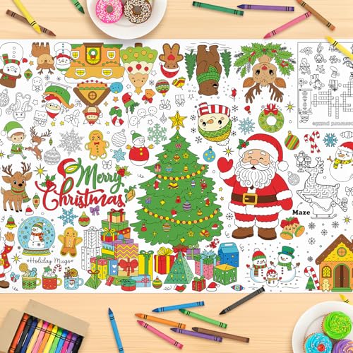 Christmas Coloring Tablecloth, Coloring Table Cloth 30×72 Inch, Giant Coloring Poster with Santa, Christmas Tree, Reindeer, Poster Banner Craft