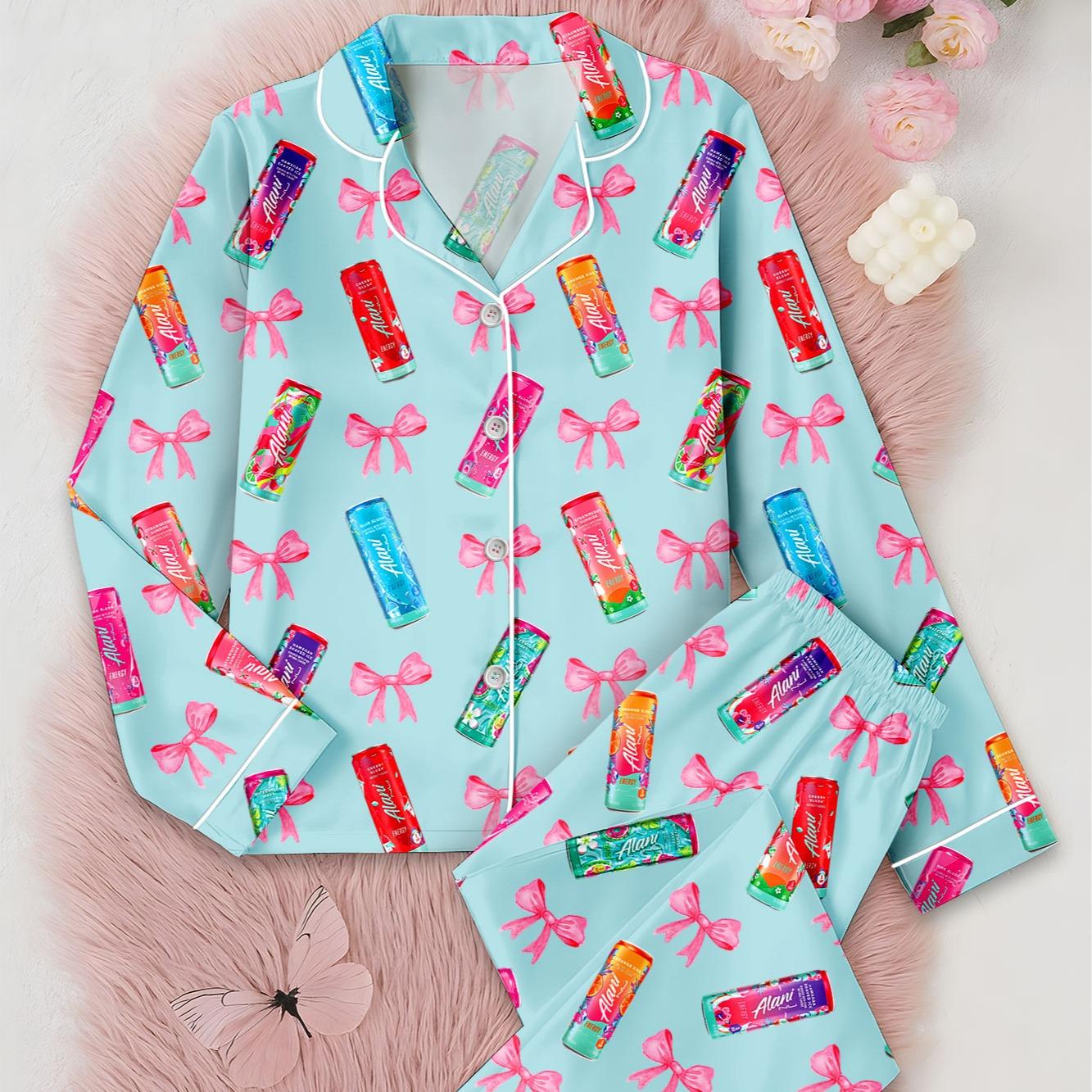 Alani Pajamas Set, Alani Energy Drink Sleepwear, Satin Loungewear For Women, Alani Lover Gift For Her