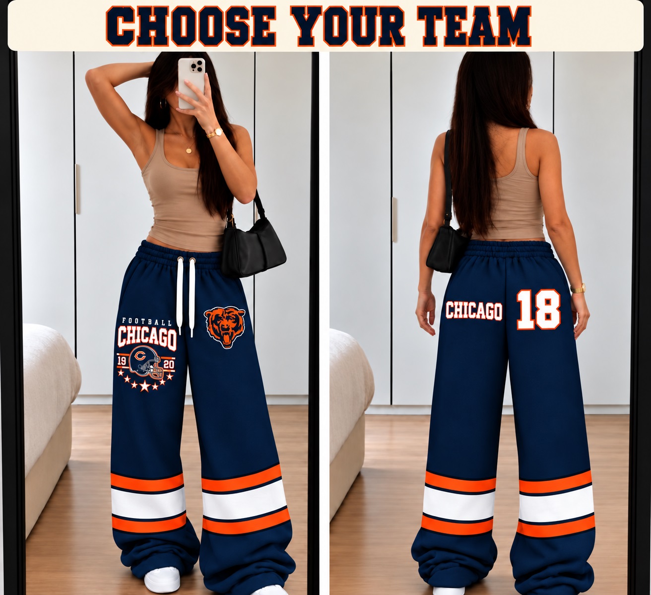 All Team Football Wide Leg Pants, Unisex Sweatpant Streetwear for Women & Men
